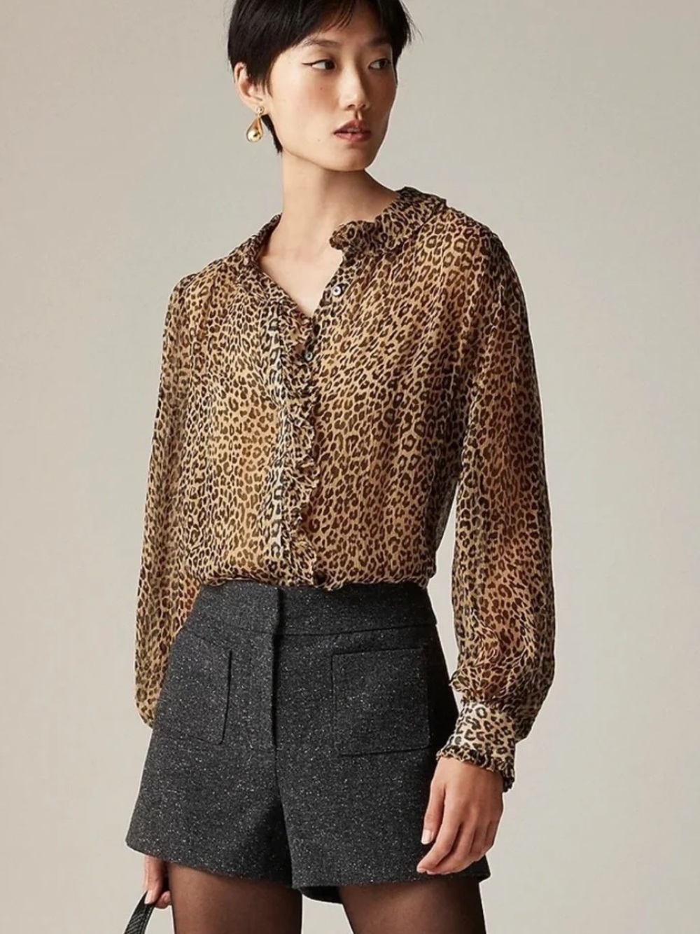 New J. Crew Ruffle button-up shirt in leopard-print crinkle chiffon